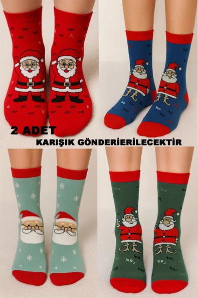 2’li Karışık Yılbaşı Christmas Yumuşak Havlu Çorap Seti – Yılbaşı Hediyesi ürün görseli 1