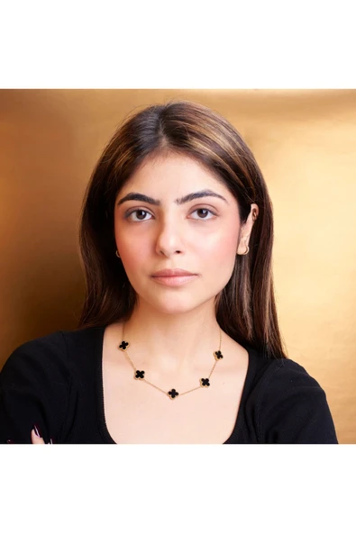 Siyah Taş Altın Kaplama Çelik Kolye - Resim 2
