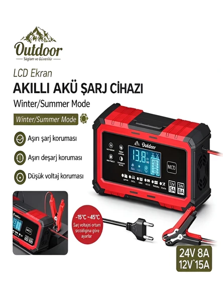 24V/8A 12V/15A Akıllı Akü Şarj ve Onarım Cihazı Yaz Kış Modlu LCD Ekranlı Start Stop ürün görseli 1