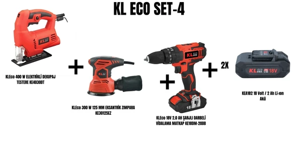 KLEco Set-4 (400 W ELEKTRİKLİ DEKUPAJ TESTERE+300 W 125 MM EKSANTRİK ZIMPARA+ ŞARJLI DARBELİ MATKAP) ürün görseli 1
