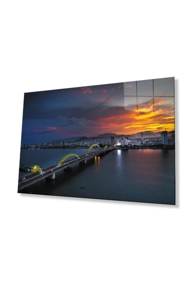 Gün Batımı Şehir Köprü Manzara Cam Tablo 4mm Dayanıklı Temperli Cam Sunset City Bridge Landscape Gl ürün görseli 1
