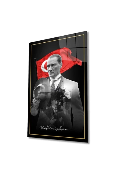 Atatürk Portre ve Türk Bayrağı Cam Tablo Modern Ev Ofis Salon Hediyelik Büyük Tablo Duvar Dekoru ürün görseli 1