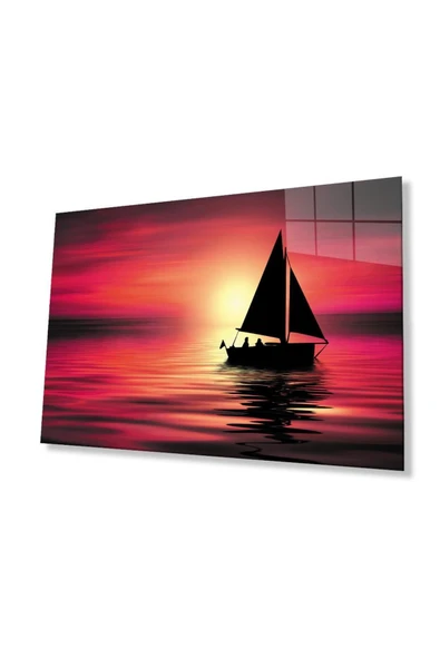 Denizde Gün Batımı Cam Tablo 4mm Dayanıklı Temperli Cam Sunset at Sea Glass Wall Art ürün görseli 1