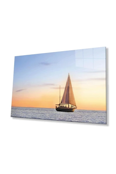 Gün Batımı Deniz Yelken Cam Tablo 4mm Dayanıklı Temperli Cam Sunset Sea Sail Glass Wall Art ürün görseli 1
