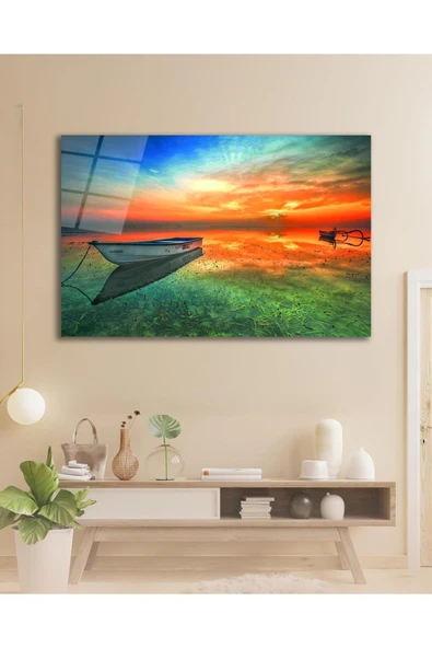 Kayık Göl Manzara Cam Tablo Modern Ev Ofis Salon Hediyelik Büyük Tablo Duvar Dekoru ürün görseli 1
