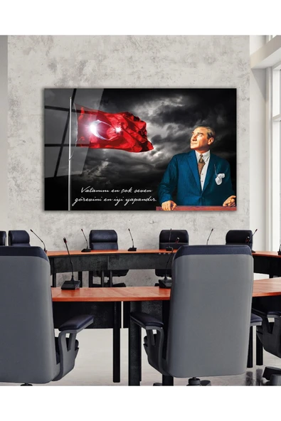 Türk Bayrağı ve Atatürk Cam Tablo Vatanını En Çok Seven Modern Ev Ofis Salon Kurum Hediyelik Tablo ürün görseli 1