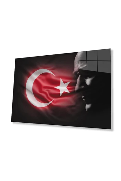 Atatürk Bayrak Atatürk Silüetli Gölgesiz Siyah Fonlu Cam Tablo 4mm Dayanıklı Temperli Cam Atatürk ürün görseli 1