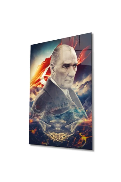 Atatürk Portre ve Türk Bayrağı Cam Tablo Modern Ev Ofis Salon Hediyelik Büyük Tablo Duvar Dekoru ürün görseli 1