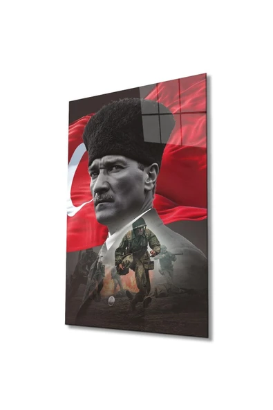 Atatürk Portre ve Türk Bayrağı Cam Tablo Modern Ev Ofis Salon Hediyelik Büyük Tablo Duvar Dekoru ürün görseli 1