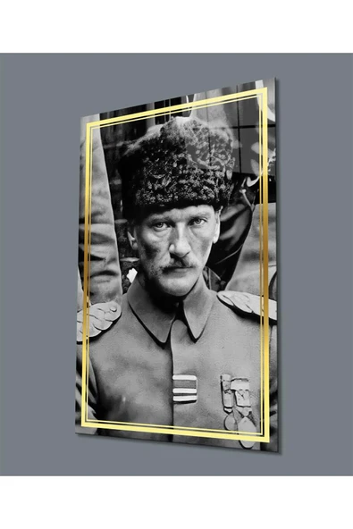 Atatürk Portre Dikey Siyah Beyaz Cam Tablo Hediyelik Büyük Tablo Ev Ofis Dekoru ürün görseli 1