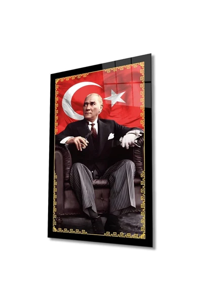 Atatürk Portre ve Türk Bayrağı Cam Tablo Modern Ev Ofis Salon Hediyelik Büyük Tablo Duvar Dekoru ürün görseli 1