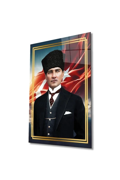 Atatürk Portre ve Türk Bayrağı Cam Tablo Modern Ev Ofis Salon Hediyelik Büyük Tablo Duvar Dekoru ürün görseli 1