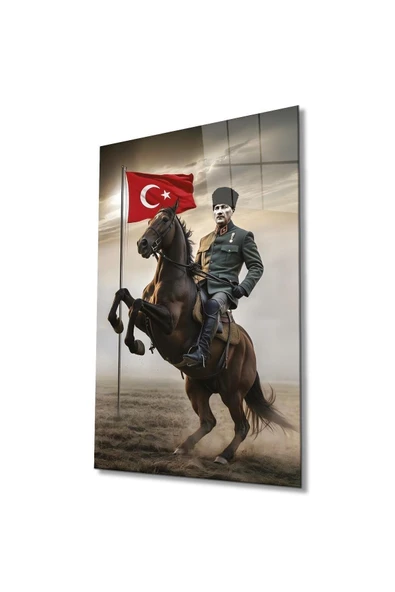 Atatürk Portre ve Türk Bayrağı Cam Tablo Modern Ev Ofis Salon Hediyelik Büyük Tablo Duvar Dekoru ürün görseli 1