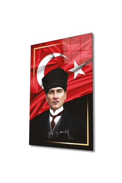 Atatürk Portre ve Türk Bayrağı Cam Tablo Modern Ev Ofis Salon Hediyelik Büyük Tablo Duvar Dekoru ürün görseli 1