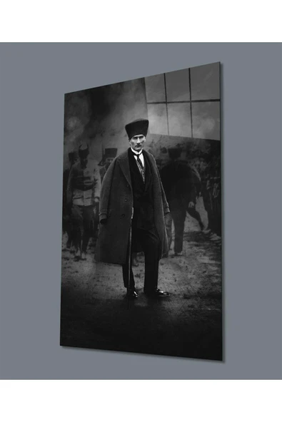 Atatürk Portre Dikey Siyah Beyaz Cam Tablo Hediyelik Büyük Tablo Ev Ofis Dekoru ürün görseli 1