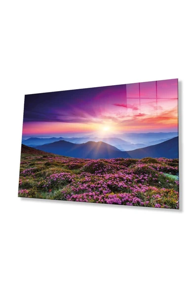 Dağ Manzara Pembe Cam Tablo 4mm Dayanıklı Temperli Cam Mountain Landscape Green Glass Wall Art ürün görseli 1