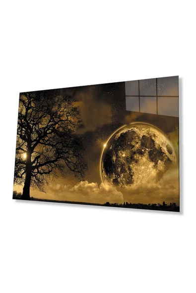 Dünya Ay Ağaç Gece Manzaralı Fütüristik Cam Tablo 4mm Dayanıklı Temperli Cam Earth Moon Tree Night ürün görseli 1