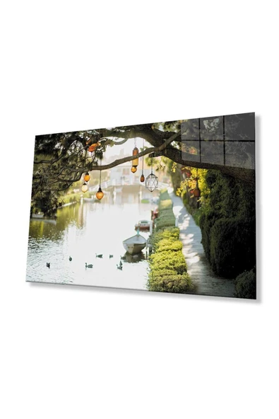 Ağaç Irmak Manzara Cam Tablo 4mm Dayanıklı Temperli Cam Tree River Landscape Glass Wall Art ürün görseli 1