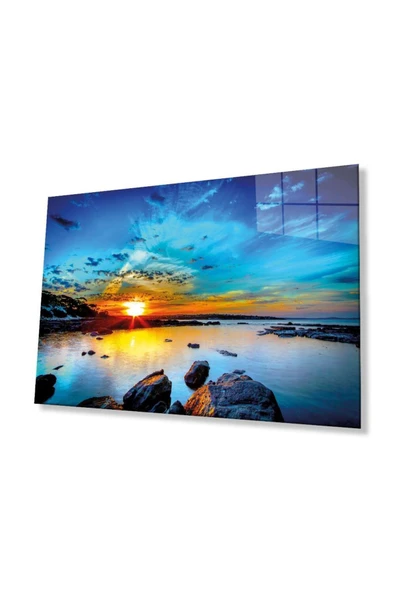 Kaya Deniz Manzara Cam Tablo 4mm Dayanıklı Temperli Cam Mountain Reflection Landscape Glass Table 4 ürün görseli 1
