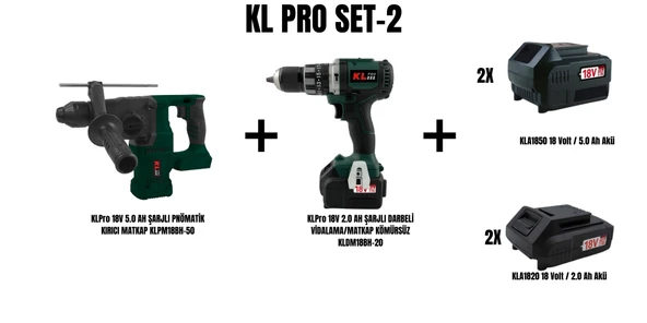 KLPro Set-2 (5.0 AH ŞARJLI PNÖMATİK KIRICI MATKAP+2.0 AH ŞARJLI DARBELİ VİDALAMA/MATKAP KÖMÜRSÜZ) ürün görseli 1