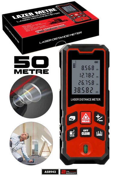 Assur Profesyonel Lazer Terazili Dijital Mesafe Ölçer 50 Metre Ölçüm Cihazı Kırmızı Lazer Metre ürün görseli 1
