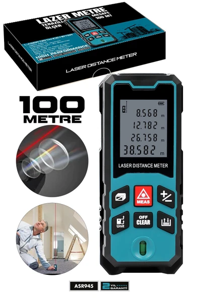 Assur Profesyonel Lazer Terazili Dijital Mesafe Ölçer 100 Metre Ölçüm Cihazı Mavi Lazer Metre ürün görseli 1