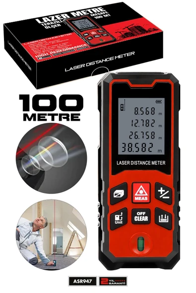 Assur Profesyonel Lazer Terazili Dijital Mesafe Ölçer 100 Metre Ölçüm Cihazı Kırmızı Lazer Metre ürün görseli 1