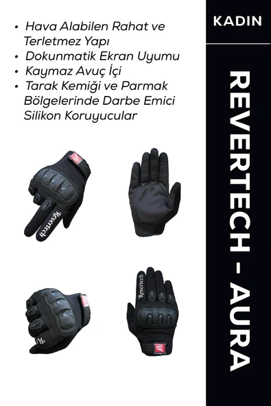 Revertech Aura Siyah - Dokunmatik Ekran Uyumlu Kadın Motosiklet Eldiveni + BUFF HEDİYELİ ürün görseli 1