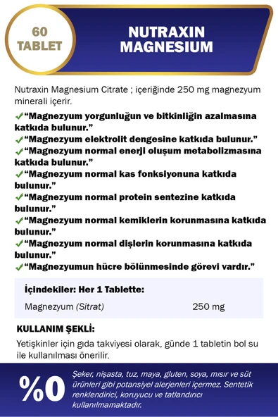 Nutraxin Magnesium 250 Mg 60 Tablet Sitrat - Resim 2
