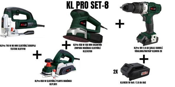 KLPro Set-8 (710 W 80 MM ELEKTRİKLİ DEKUPAJ TESTERE+850 W PLANYA MAKİNASI+450 W 150 MM EKSANTRİK ZIMPARA+ŞARJLI DARBELİ MATKAP) ürün görseli 1