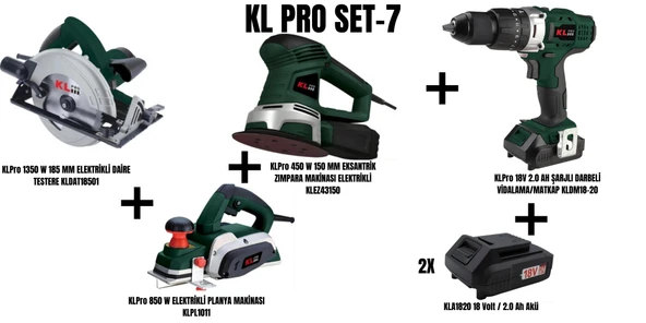 KLPro Set-7 (1350 W 185 MM ELEKTRİKLİ DAİRE TESTERE+850 W PLANYA MAKİNASI+450 W 150 MM EKSANTRİK ZIMPARA MAKİNASI+ŞARJLI DARBELİ MATKAP) ürün görseli 1