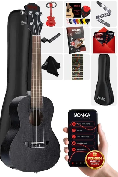Midex SPA-235BK Maun Ağacı Yüksek Kaliteli Soprano Ukulele Seti Siyah ürün görseli 1