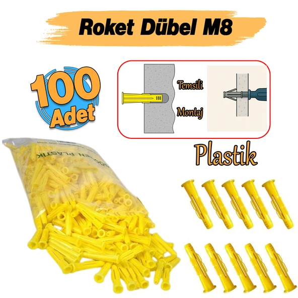 ( 100 Adet ) Plastik Roket Dübel M8 Mantar Kanatlı Dübeller Vida Sabitleme Bağlantı Elemanı ürün görseli 1