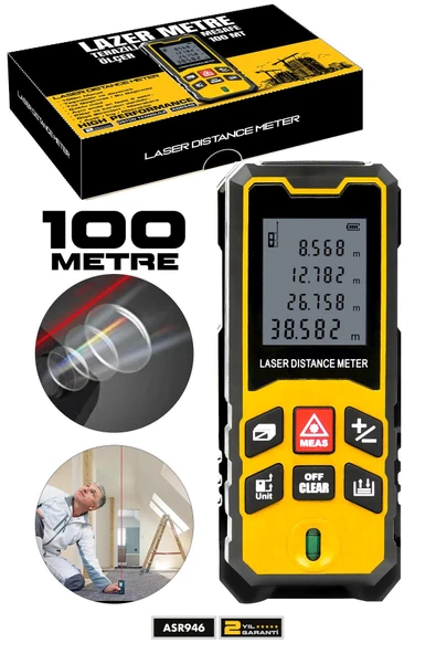 Assur Profesyonel Lazer Terazili Dijital Mesafe Ölçer 100 Metre Ölçüm Cihazı Sarı Lazer Metre ürün görseli 1