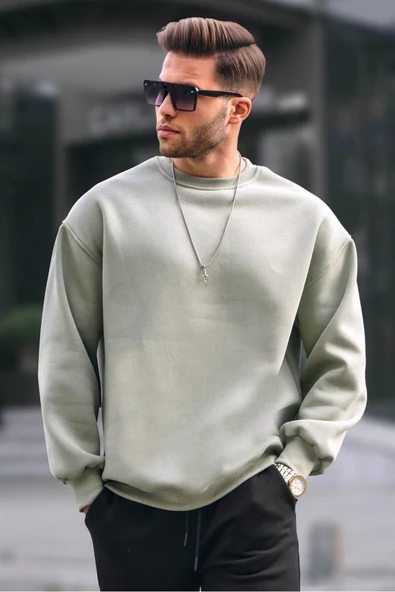 Madmext Mint Yeşili Bisiklet Yaka Oversize Şardonlu Basic Erkek Sweatshirt 6048 ürün görseli 1