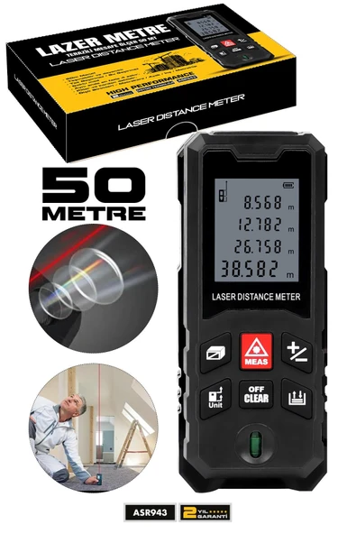 Assur Profesyonel Lazer Terazili Dijital Mesafe Ölçer 50 Metre Ölçüm Cihazı Siyah Lazer Metre ürün görseli 1