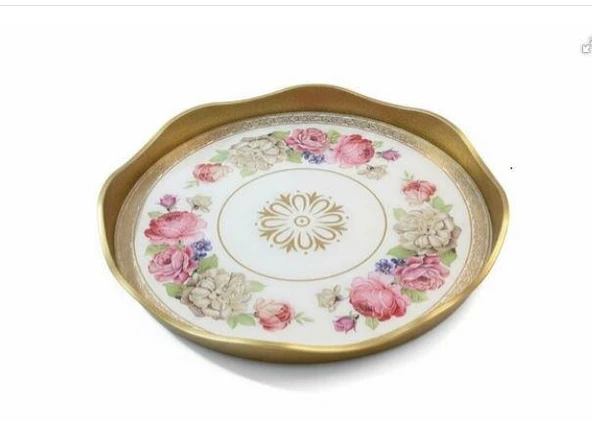 ROYKING YUVARLAK BEYAZ-PEMBE ÇİÇEKLİ TEPSİ 40X5 ürün görseli 1