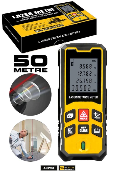 Assur Profesyonel Lazer Terazili Dijital Mesafe Ölçer 50 Metre Ölçüm Cihazı Sarı Lazer Metre ürün görseli 1