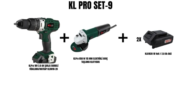 KLPro Set-9 (ŞARJLI DARBELİ VİDALAMA/MATKAP+850 W 115 MM ELEKTRİKLİ AVUÇ TAŞLAMA) ürün görseli 1