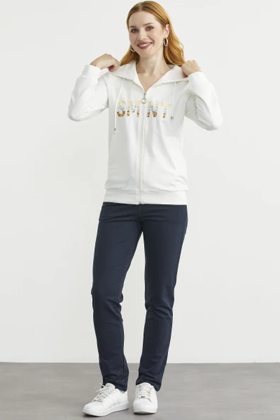 Fermuarlı Oversize Eşofman Takım - Ekru - Resim 3
