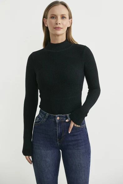 Yarım Balıkçı Fitilli Bodysuit Triko Kazak - Siyah ürün görseli 1