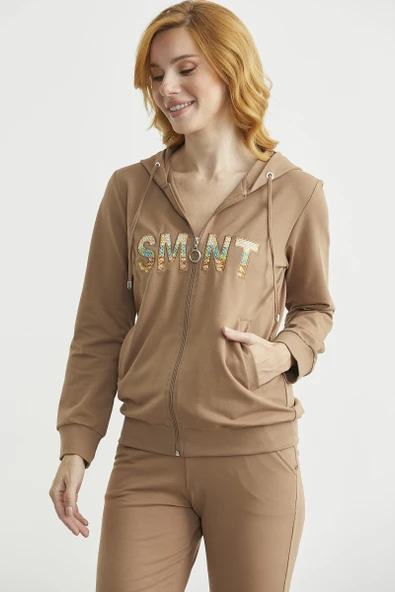 Fermuarlı Oversize Eşofman Takım - Kamel - Resim 4