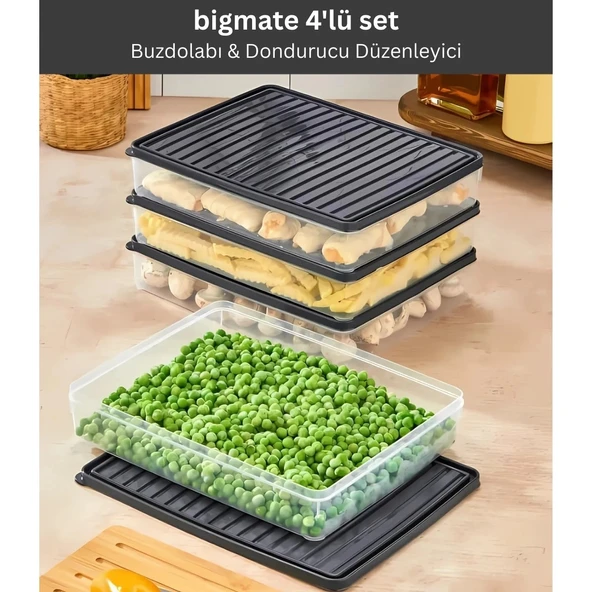 bigmate 4'lü Şeffaf Saklama Kabı Siyah 4x2,5 Lt BGMT2525 Mikrodalga Buzdolabı ve Dondurucu Uyumlu Düzenleyici ürün görseli 1