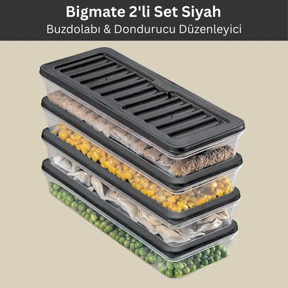 bigmate 2'li Şeffaf Saklama Kabı Siyah 2x1 Lt BGMT1115 Mikrodalga Buzdolabı ve Dondurucu Uyumlu Düzenleyici ürün görseli 1
