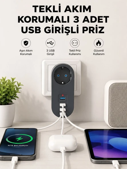 Isıya Dayanıklı 3 USB Portlu Güvenlikli Priz – Akıllı Enerji Yönetimi ürün görseli 1