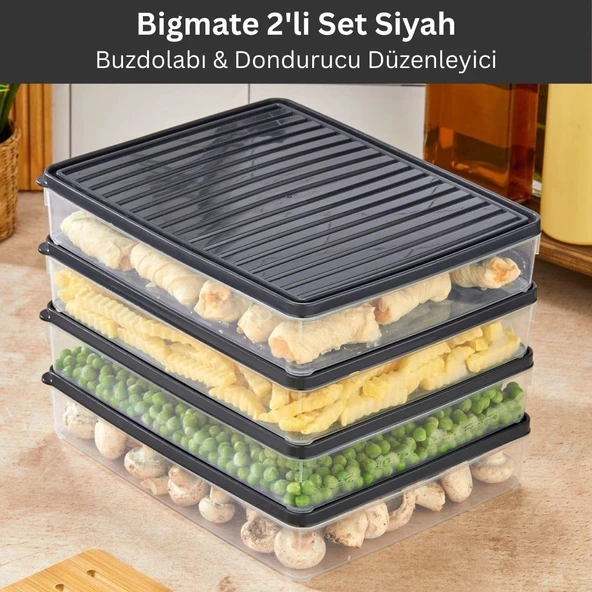 bigmate 2'li Şeffaf Saklama Kabı Siyah 2x2,5 Lt BGMT2225 Mikrodalga Buzdolabı ve Dondurucu Uyumlu Düzenleyici ürün görseli 1