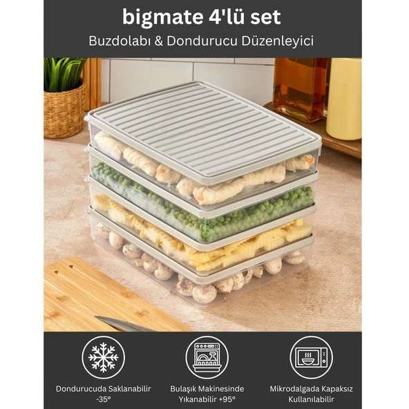 bigmate 4'lü Şeffaf Saklama Kabı Gri 4x2,5 Lt BGMT2525 Mikrodalga Buzdolabı ve Dondurucu Uyumlu Düzenleyici ürün görseli 1