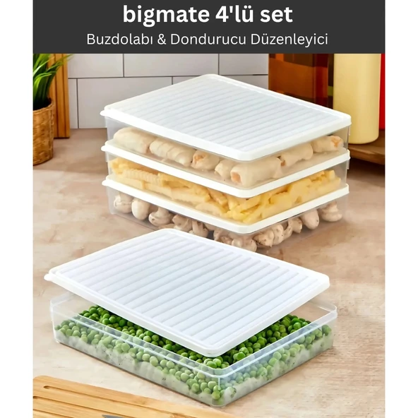 bigmate 4'lü Şeffaf Saklama Kabı Beyaz 4x2,5 Lt BGMT2525 Mikrodalga Buzdolabı ve Dondurucu Uyumlu Düzenleyici ürün görseli 1