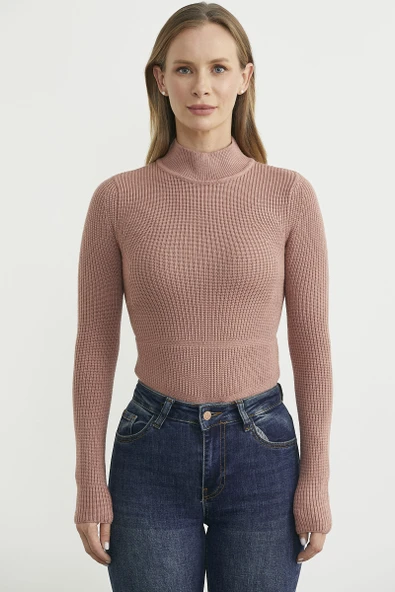 Yarım Balıkçı Fitilli Bodysuit Triko Kazak - Gül ürün görseli 1