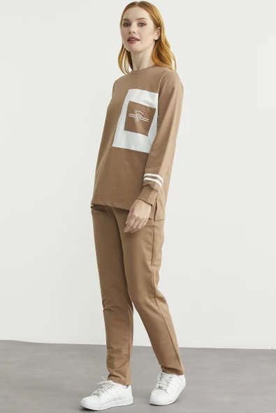 Oversize Parça Detaylı Tunik Eşofman Takım - Kamel - Resim 5